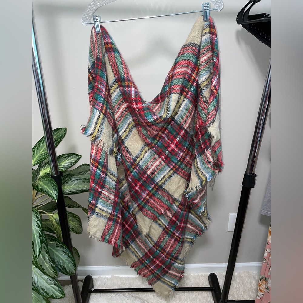 Large Plaid Striped Beige Scarf